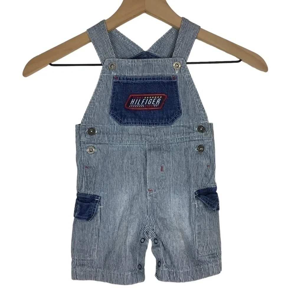 TOMMY HILFIGER Baby Overalls Denim Pinstripe Stripe Bibs Painter Patch Size 12M